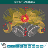 Festive Christmas Bells Embroidery Design with Poinsettia and Holly - FineryEmbroidery